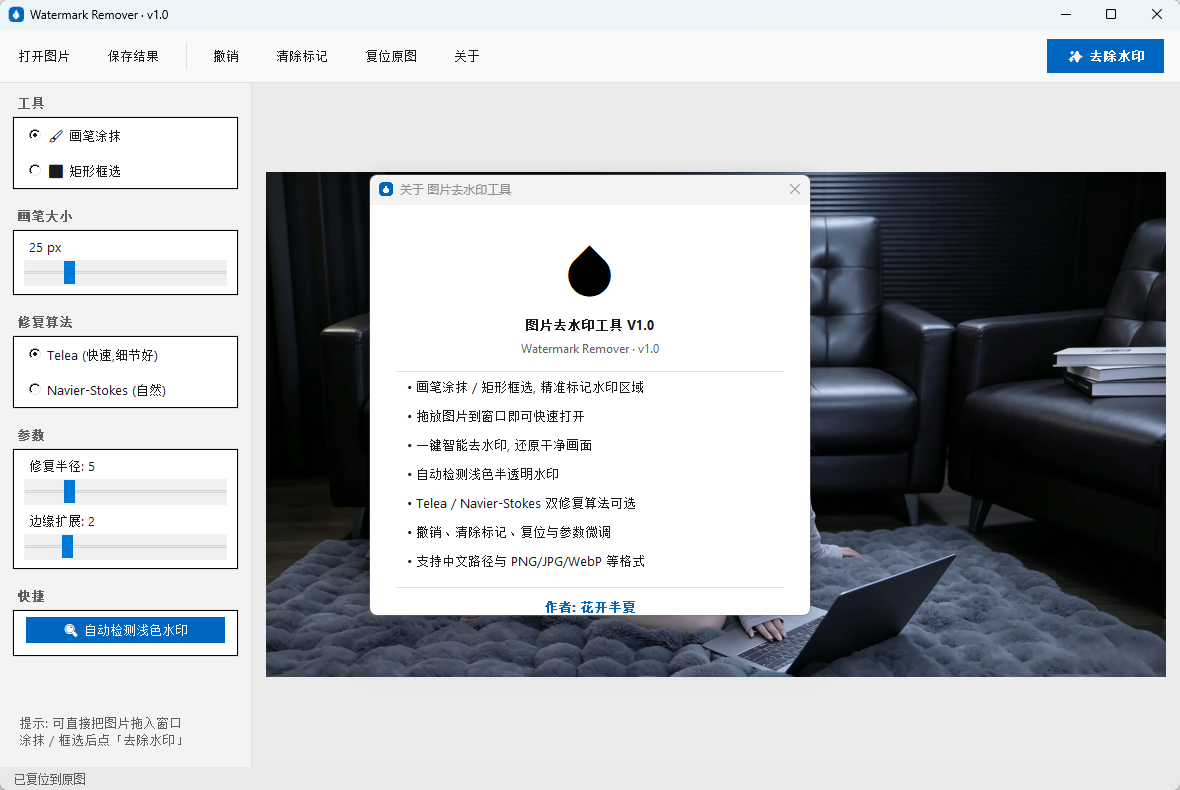 WatermarkRemover v1.0 绿色版 一键智能去除图片水印的无痕修复神器 截图
