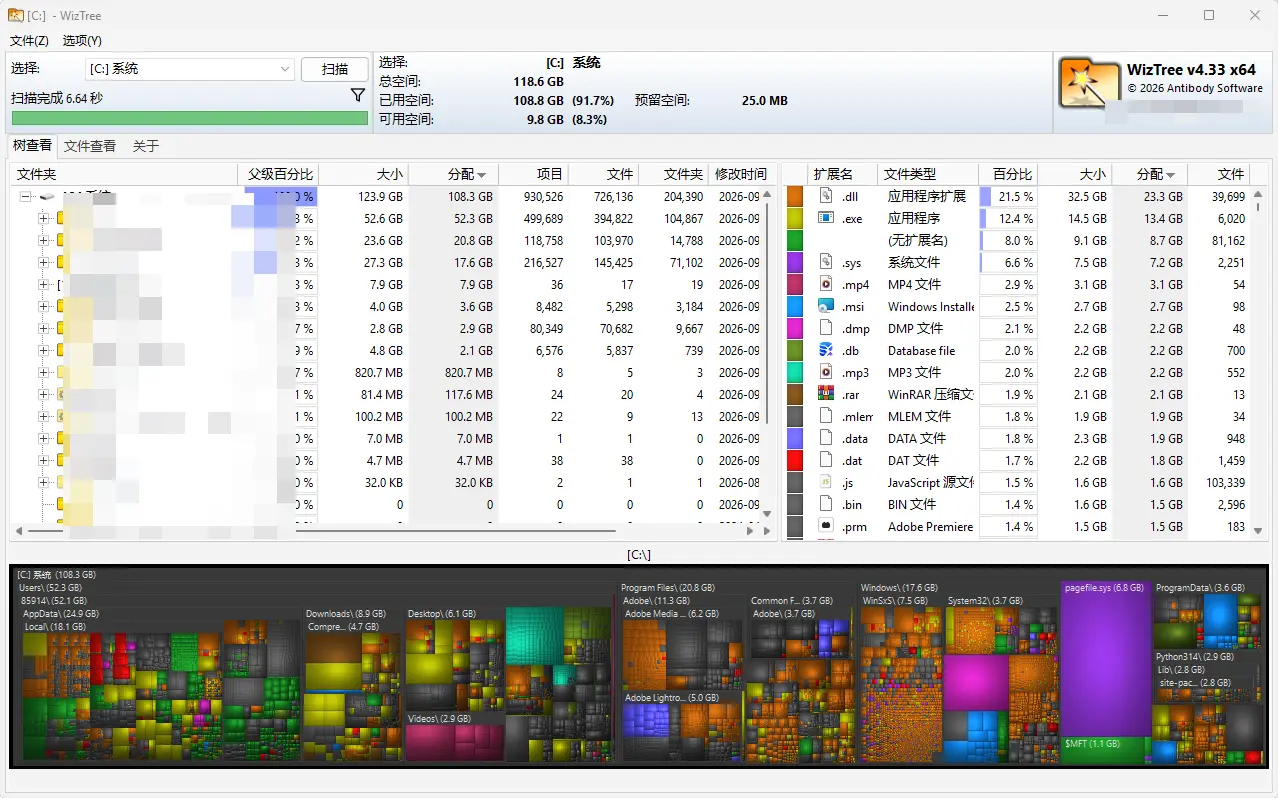 WizTree(最快磁盘空间分析与大文件清理工具) v4.33 多语便携版 真实测试截图