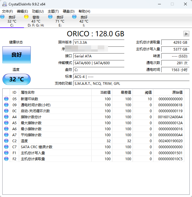 CrystalDiskInfo 绿色版 - 硬盘健康状态与S.M.A.R.T.深度检测神器 全面排查坏道与通电时间 真实测试截图