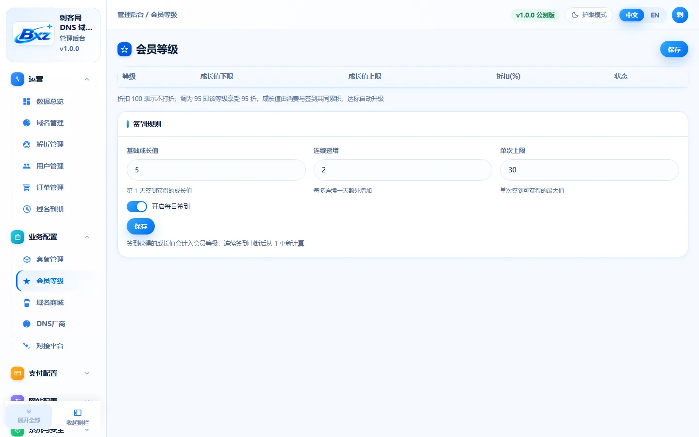 白小泽DNS域名分发系统 - 【管理后台】会员分级与VIP等级权益体系