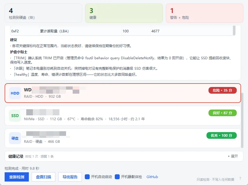 挖兔硬盘精灵  - 固态与机械硬盘健康检测守护神器NVMe直读/只读零损伤/六档变色预警 真实测试截图