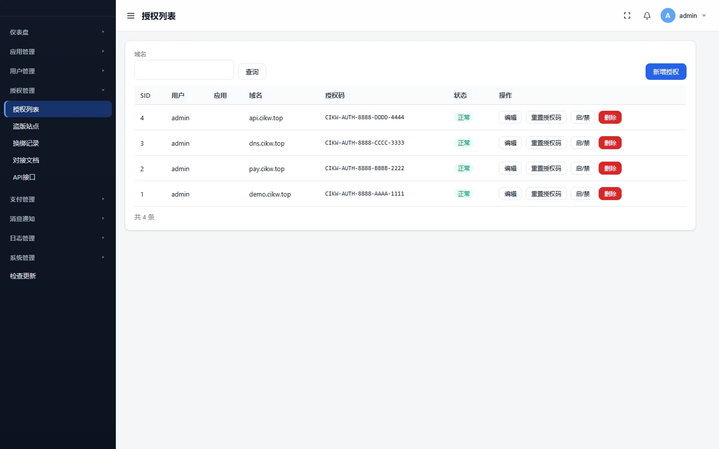 刺客网-奇云多应用商业授权管理系统 商业应用多维度域名授权与授权码管理列表